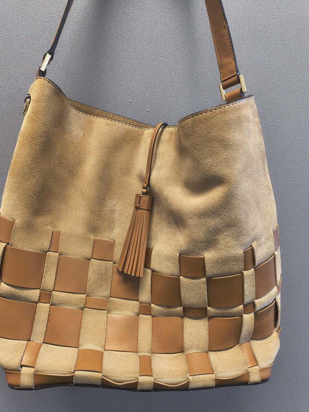 Suede & Leather Woven Hobo Bag in Tan